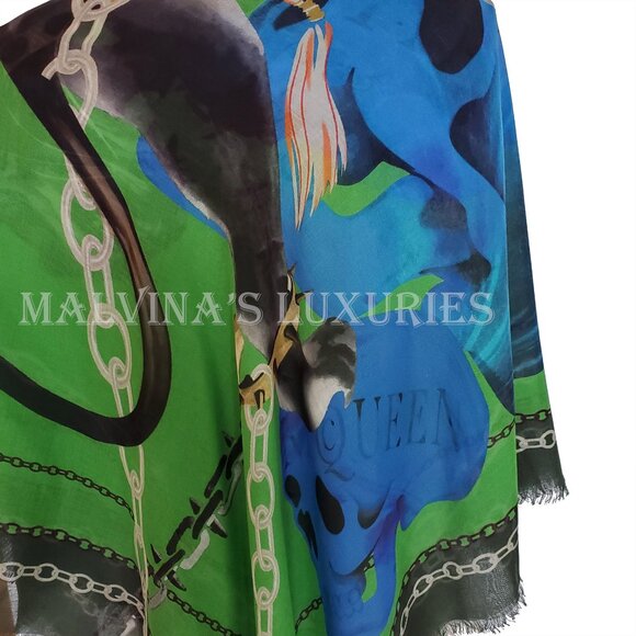 ALEXANDER MCQUEEN SCARF CHAINED PANTHER SKULLS SILK MODAL LOGO SQUARE 54" - Picture 8 of 16